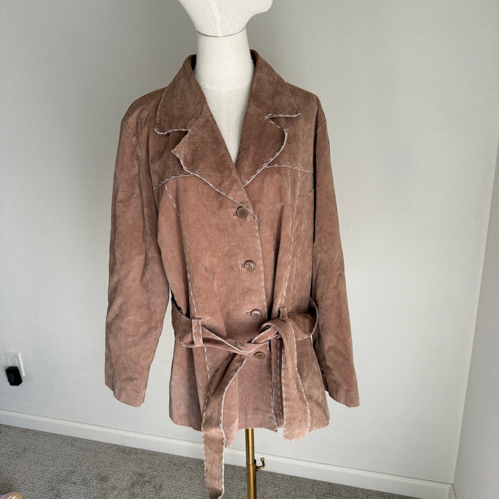 Vintage Plus Size Belted Suede Jacket‎ Tan Brown Leather Belted Jacket 1X